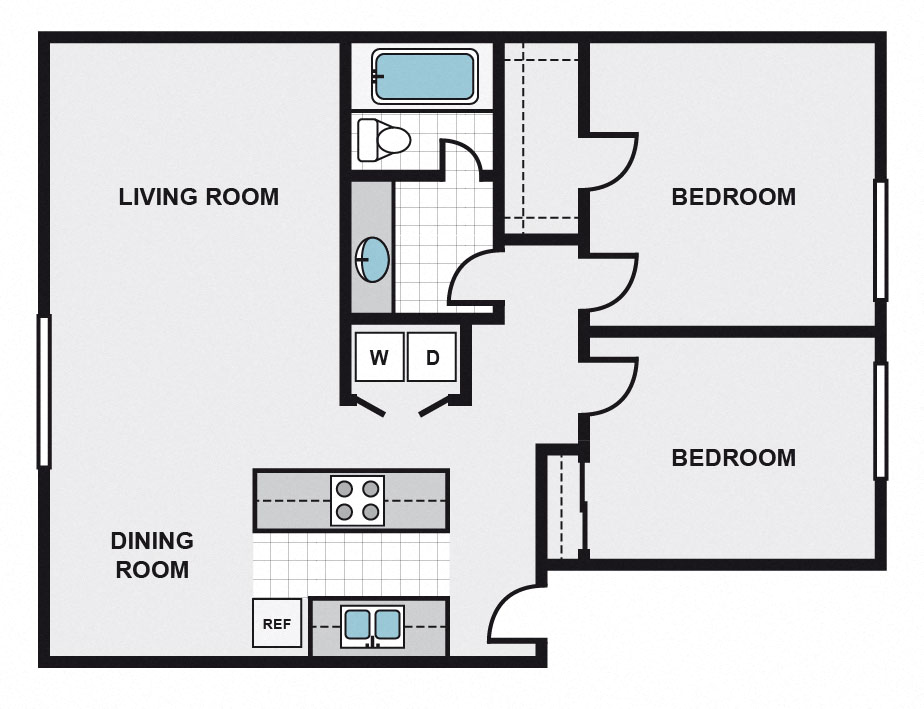 Floor plan for 2 beds, 1 bath, 930 sqft